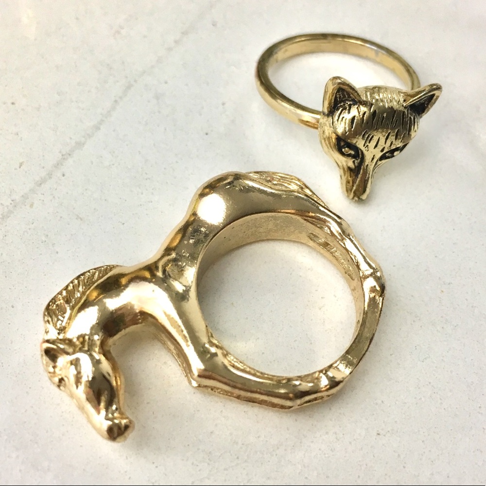 Forever 21 Gold Fox and Horse Sculpted Rings - Gold Tone